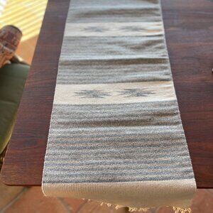 Chimayo Ortega Gray Blue Beige Geometric Runner Weaving with Label